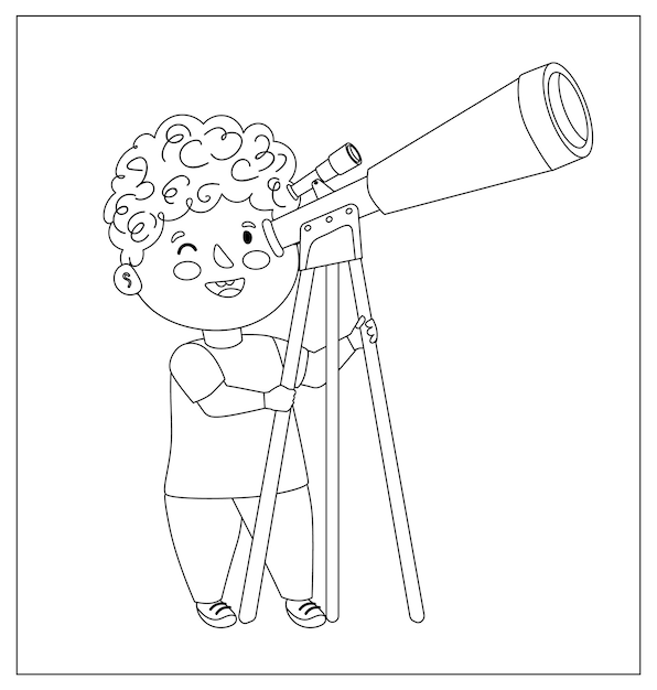 Premium vector coloring page outline of a cartoon boy with telescope space and astronomy coloring book for kids