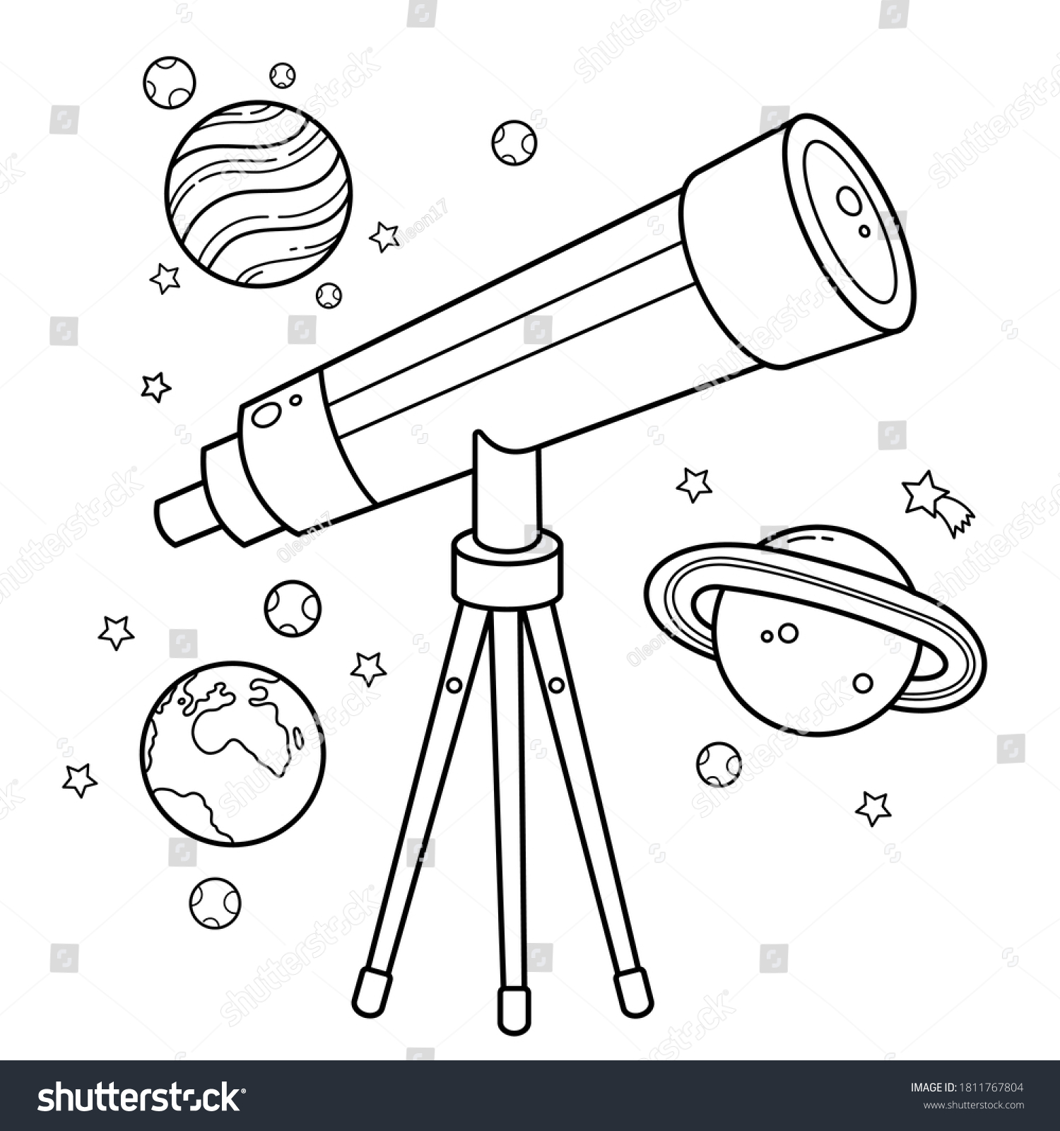 Coloring page outline cartoon telescope stars stock vector royalty free
