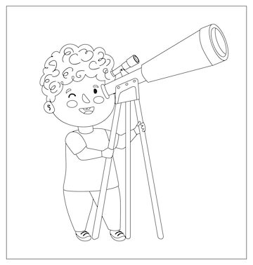 Premium vector coloring page outline of a cartoon boy with telescope space and astronomy coloring book for kids