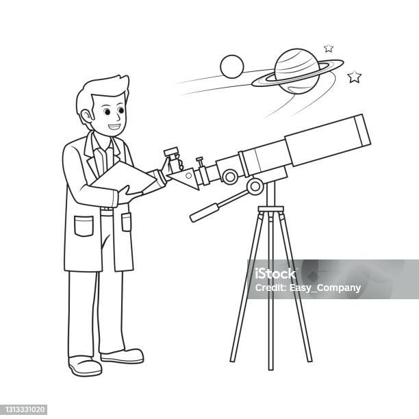 Vector illustration of astronomer isolated on white background jobs and occupations concept cartoon characters education and school kids coloring page printable activity worksheet flashcard stock illustration