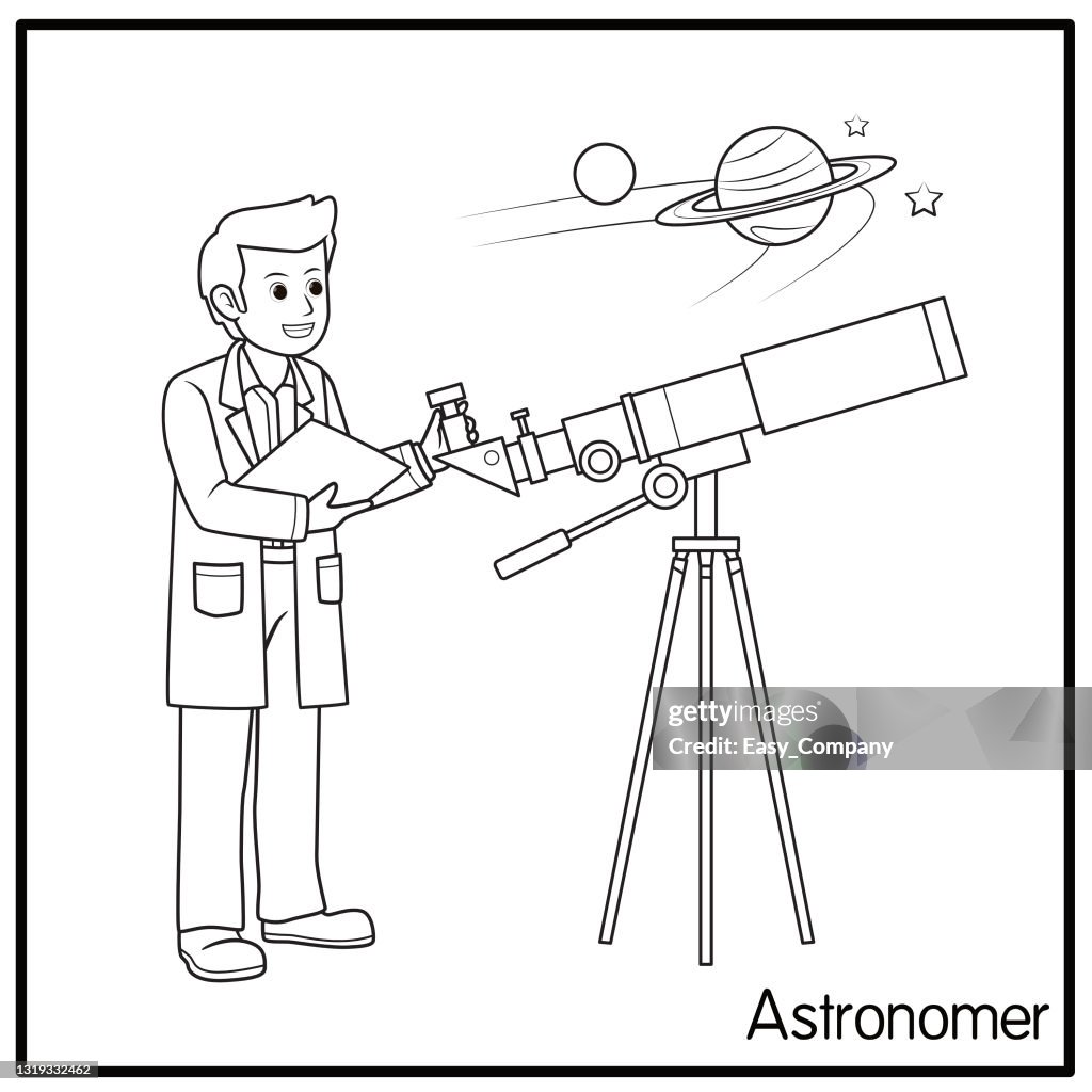 Vector illustration of astronomer isolated on white background jobs and occupations concept cartoon characters education and school kids colorg page prtable activity worksheet flashcard high