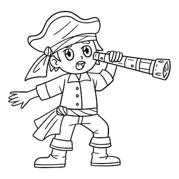 Premium vector a cute and funny coloring page of a pirate looking through a telescope provides hours of coloring fun for children color this page is very easy suitable for little