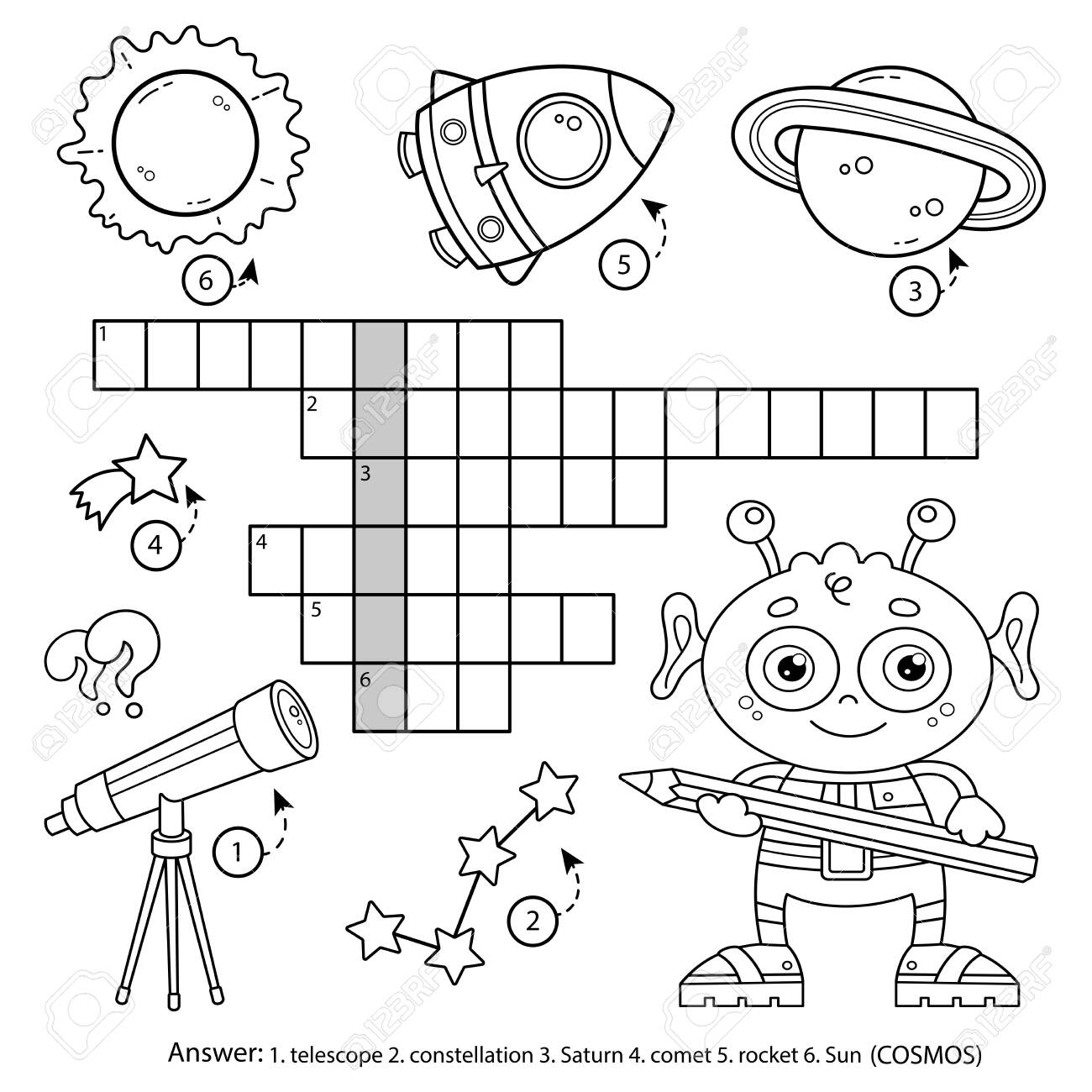 Space crossword puzzle alien with telescope planets and rocket coloring book for kids royalty free svg cliparts vectors and stock illustration image