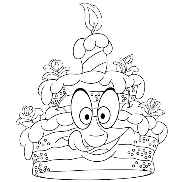 Premium vector cute birthday cake with one candle and flowers cartoon funny food emoji face kids coloring page
