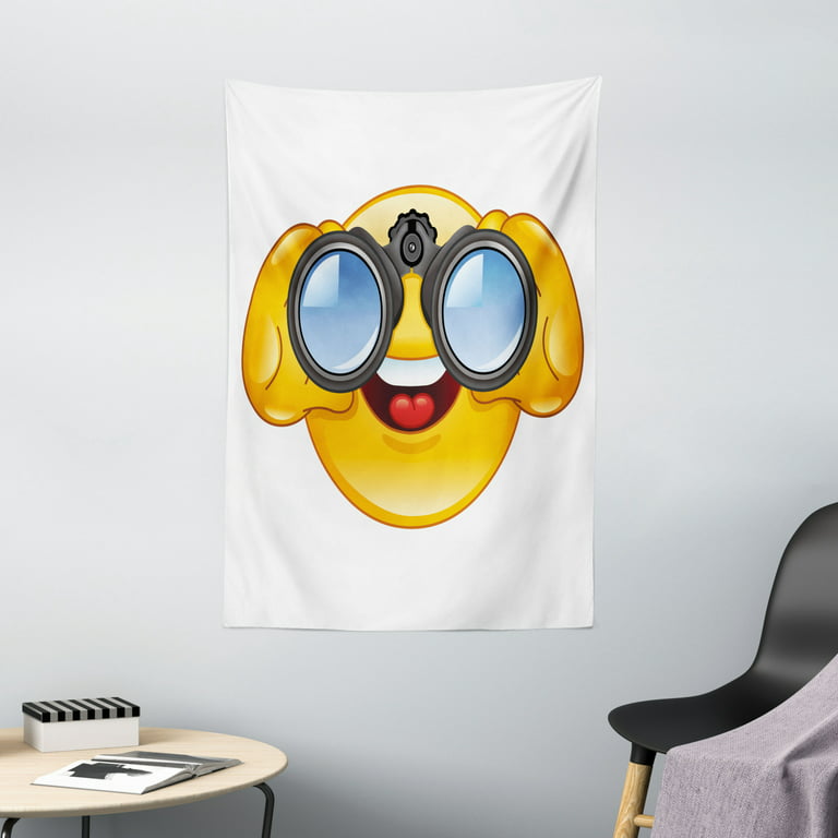 Emoji tapestry smiley face with a telescope binoculars glasses watching outside cartoon print wall hanging for bedroom living room dorm decor w x l inches yellow and blue by ambesonne