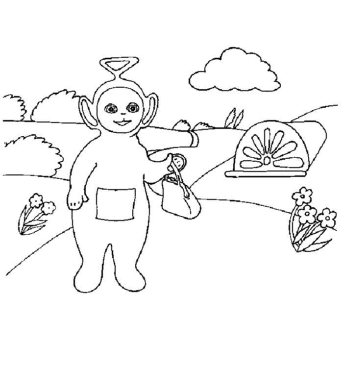 Online coloring pages coloring the teletubby with the purse coloring