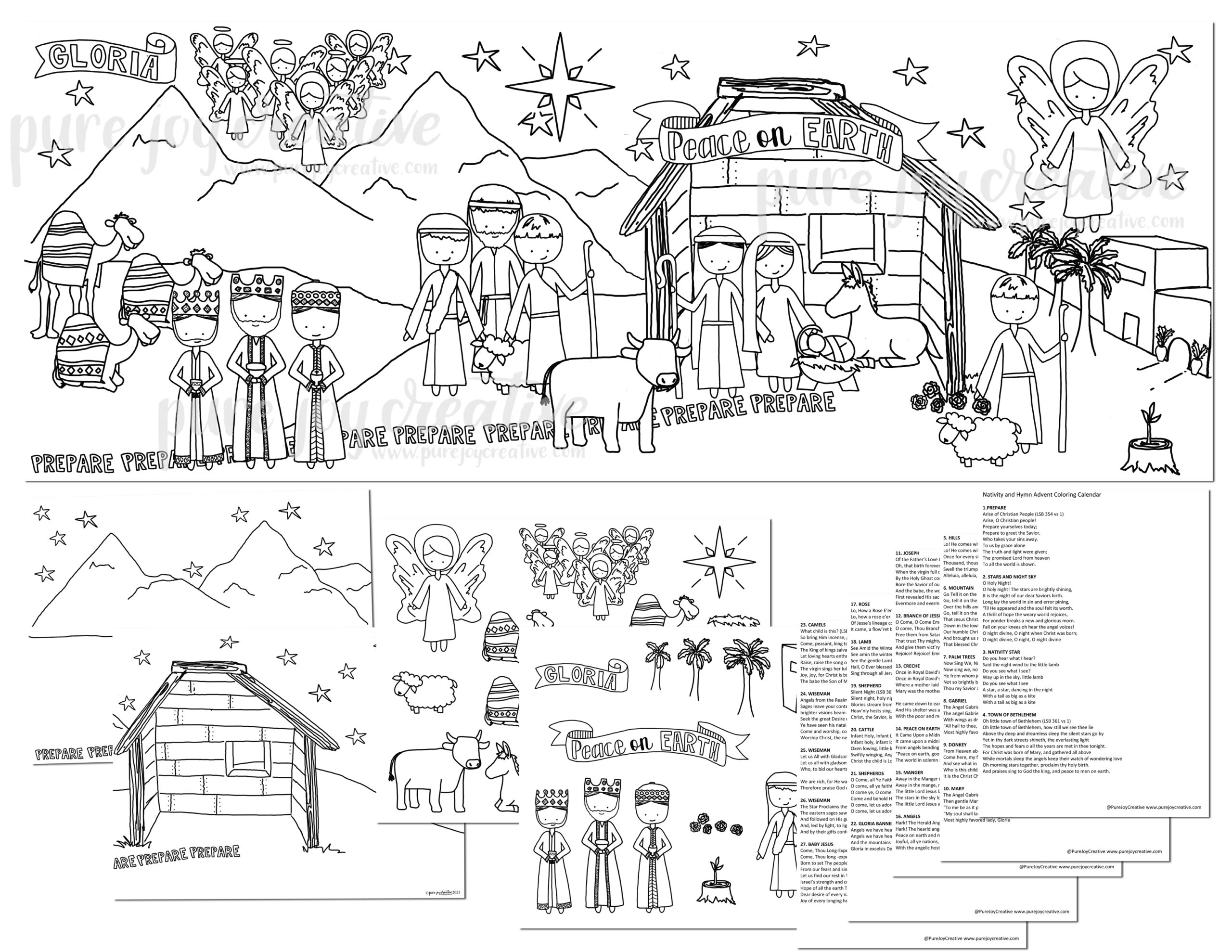 Nativity and hymn advent coloring calendar