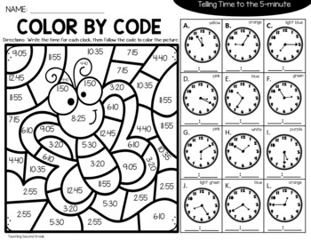 Telling time to the quarter hour minutes color code spring coloring sheets