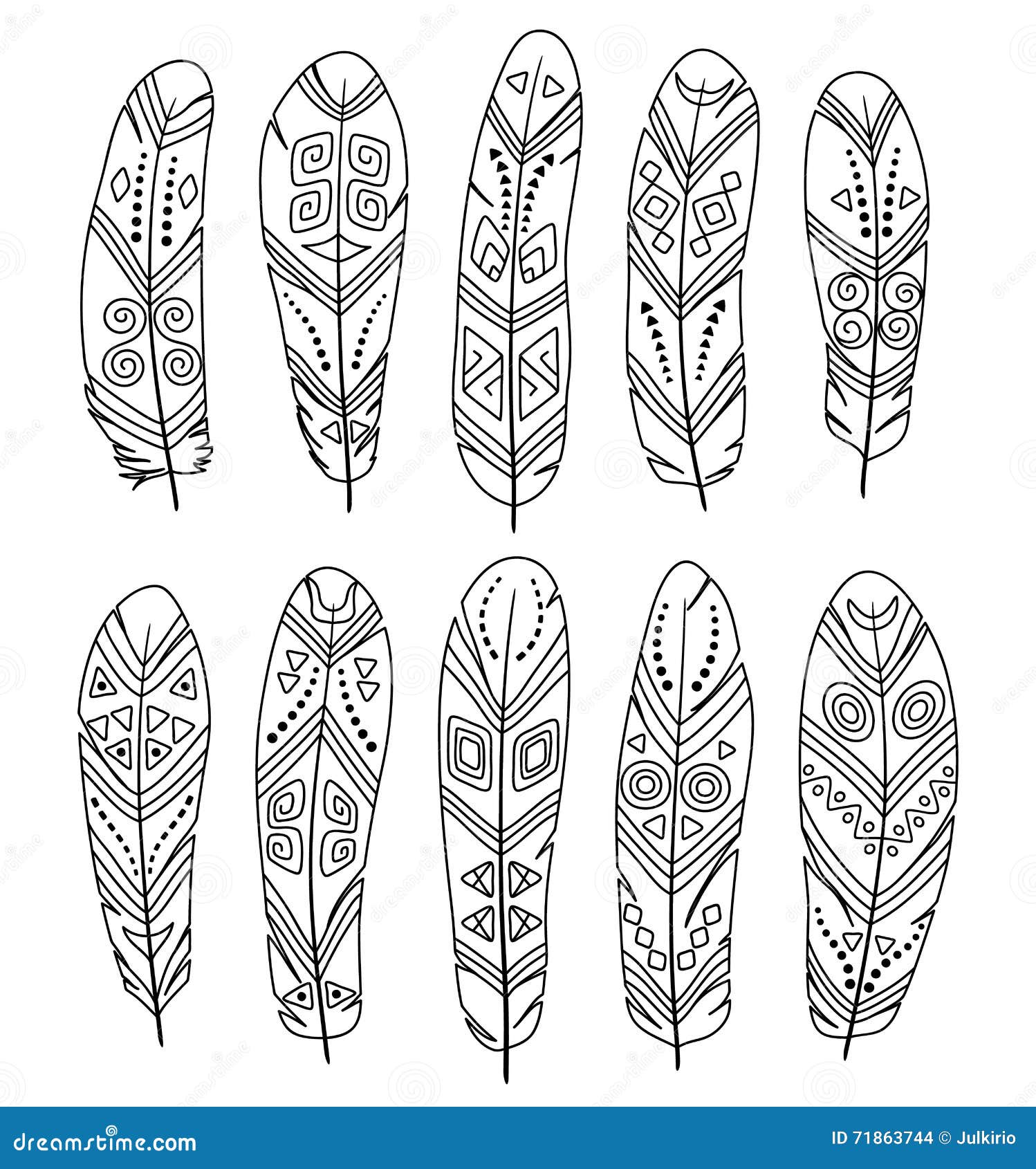Hand drawn ethnic feathers set isolated on white background collection of tribal elements template for coloring book stock vector