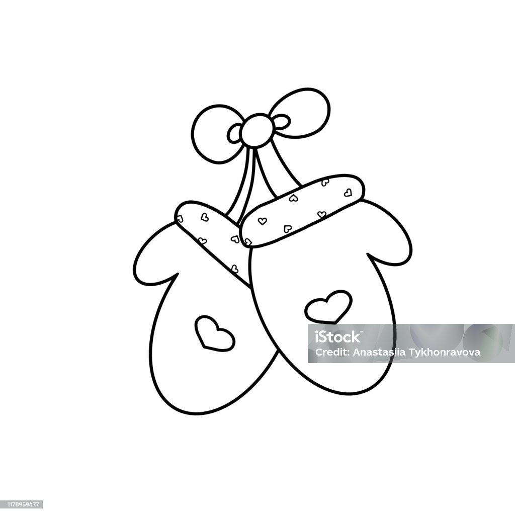 Mitten coloring page hand drawn winter mittens vector illustration with heart christmas invitation placard for web element glove design icon children book banner kid poster post card template stock illustration