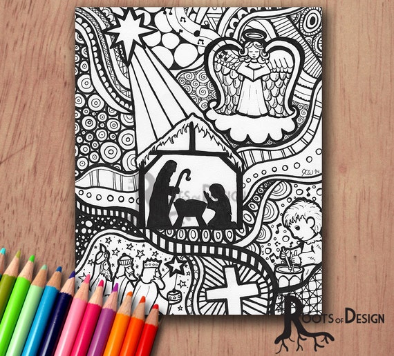 Instant download printable christmas zentangle inspired nativity scene coloring page or print christmas coloring page