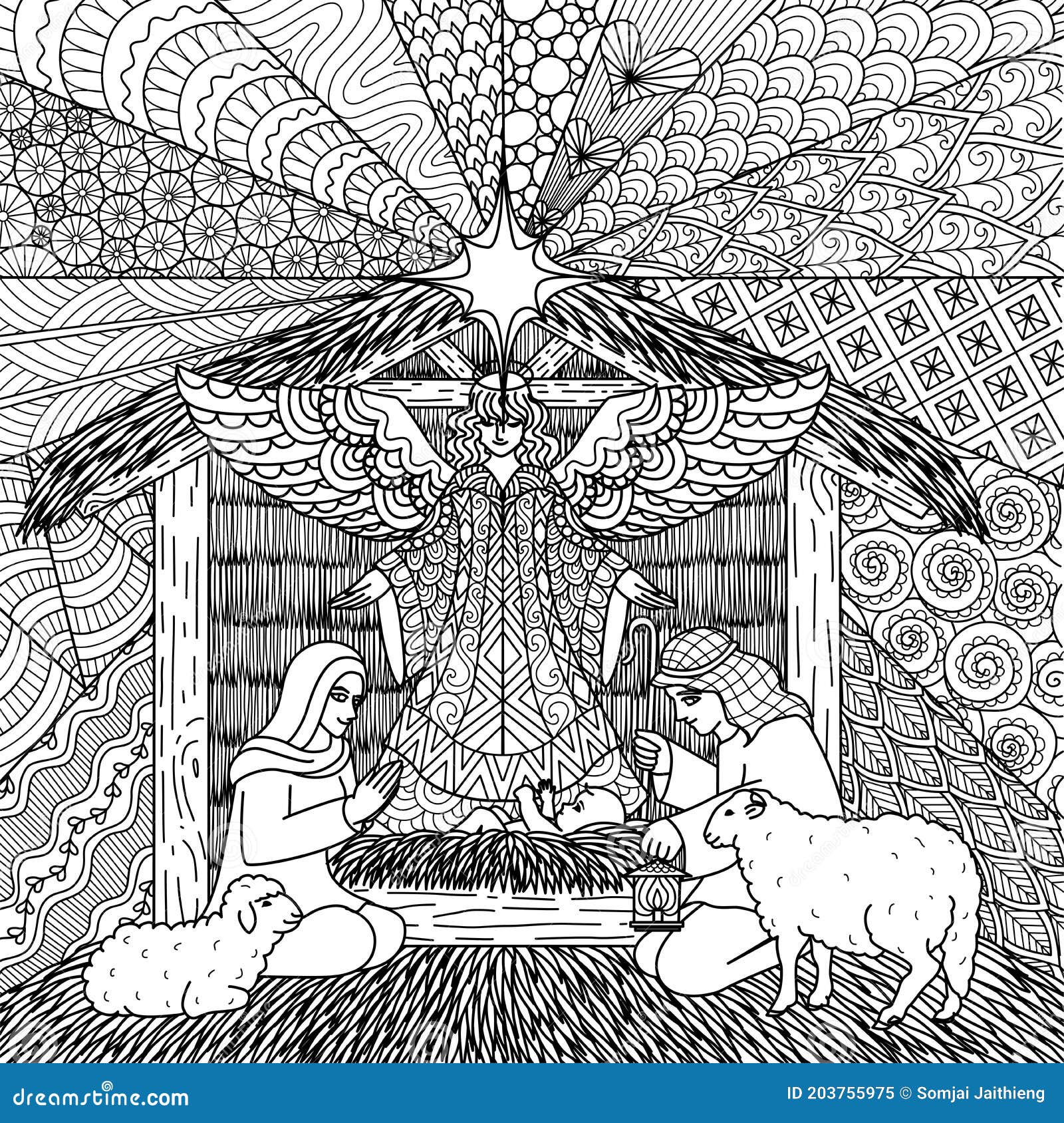 Line art of nativity scene of christmas for coloring book coloring page or print on things vector illustration stock vector