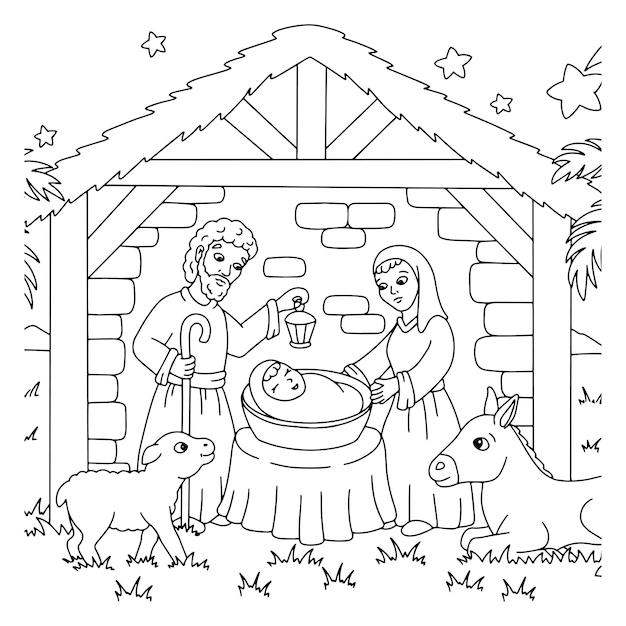 Premium vector nativity scene coloring book page for kids cartoon style character