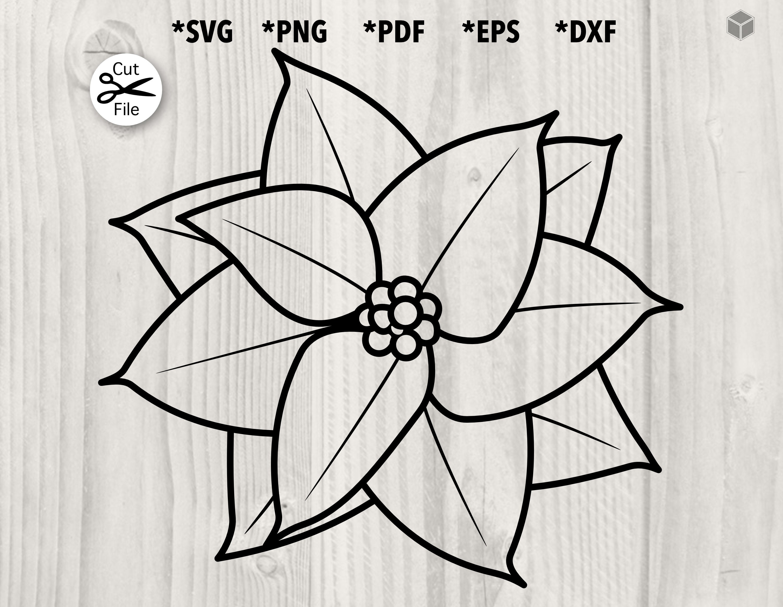 Poinsettia outline festive flower christmas decoration holiday plant leaf line art svg png pdf dxf eps