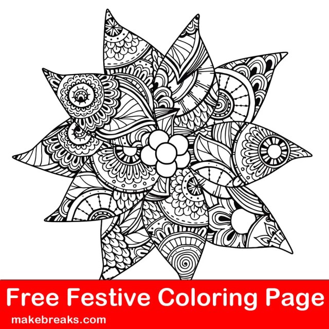 Free christmas holiday detailed patterned poinsettia coloring page