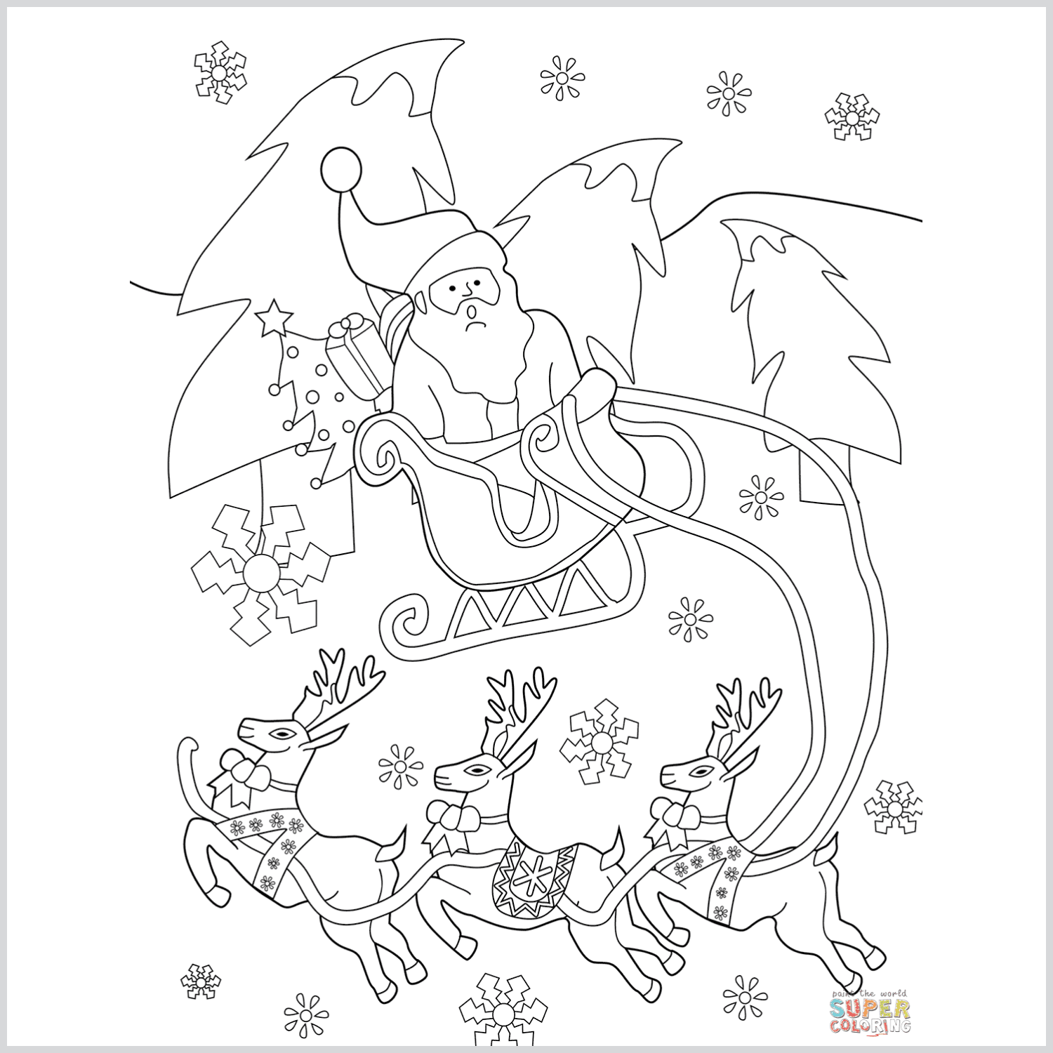 Santa on his sleigh with reindeers free coloring page â