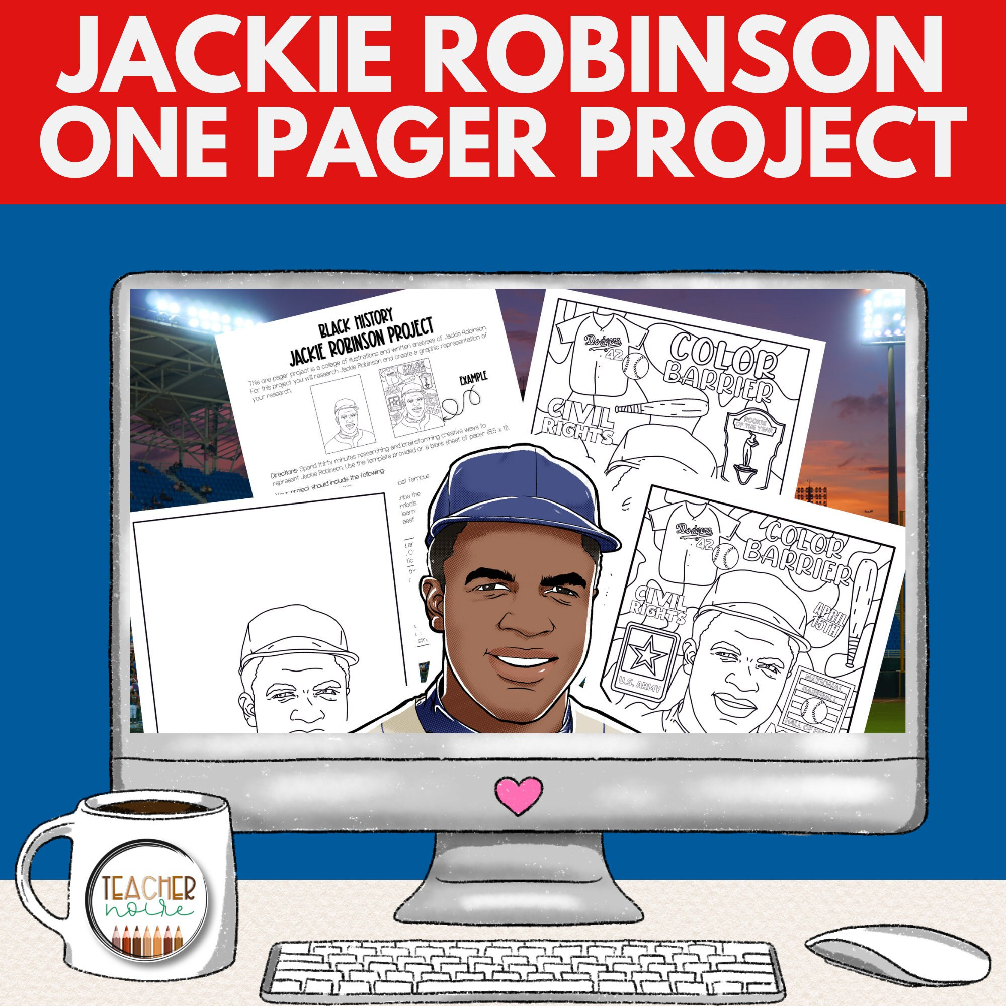 Black history month bulletin board jackie robinson project one pager biography report pennant project famous athletes download now