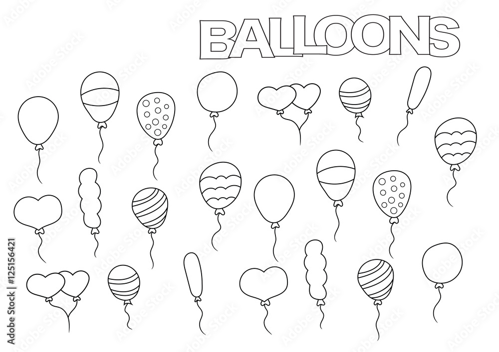 Hand drawn balloons set coloring book page template outline doodle vector illustration vector