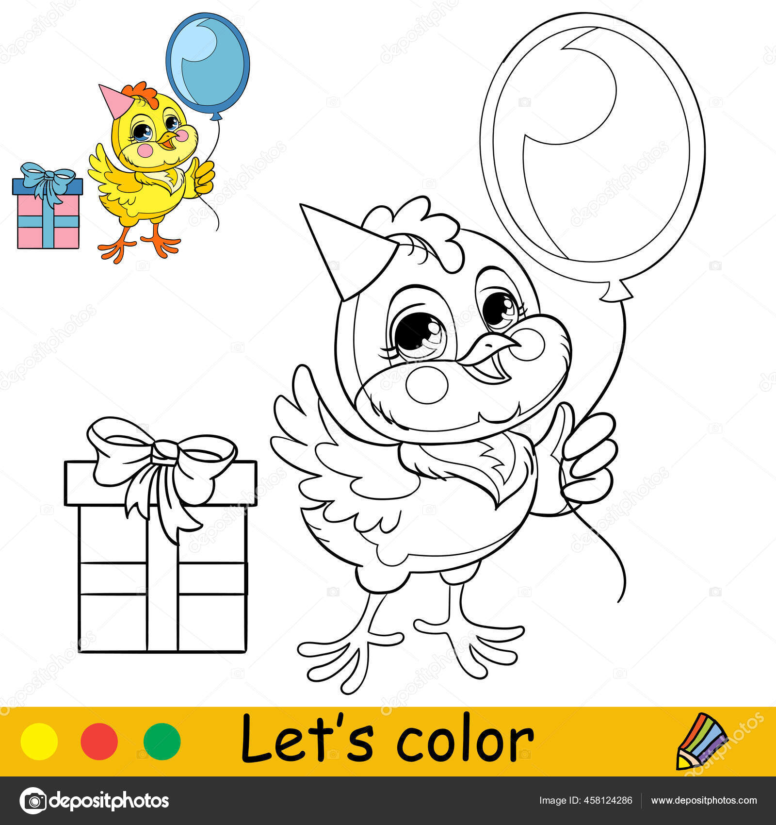 Cartoon character holiday chicken balloon coloring book page colorful template stock vector by alinart