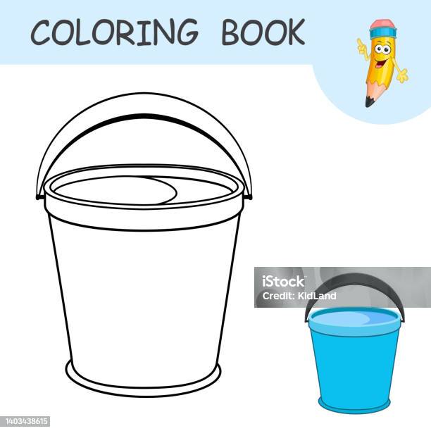 Coloring page with bucket of water template of colorless and color samples water pail on coloring page practice worksheet with plastic or metallic bucket for garden or cleaning house outline game stock
