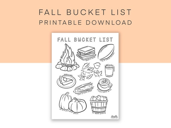 Fall bucket list printable coloring page autumn activity sheet harvest worksheet download aesthetic coloring sheet fall bucket list