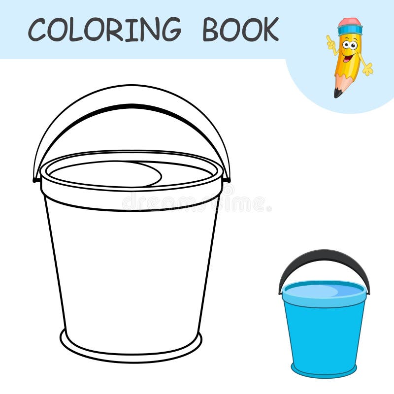 Coloring book with cartoon bucket of water with a handle raised up template of colorless and color samples water pail on coloring stock vector