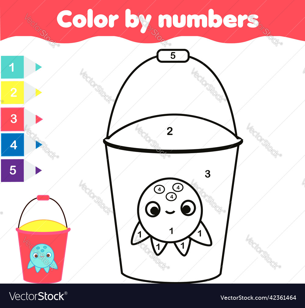 Coloring page with beach bucket color by numbers vector image