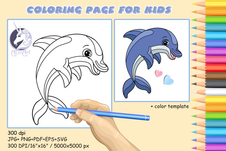 Cute cartoon dolphin coloring page for kids