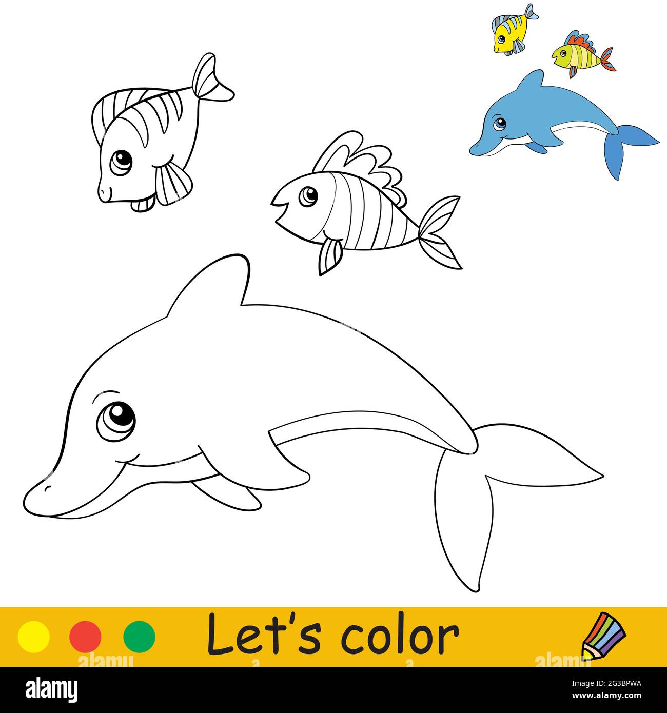 Cartoon cute dolphin and fish coloring book page with colorful template for kids vector isolated illustration for coloring book print game educa stock vector image art