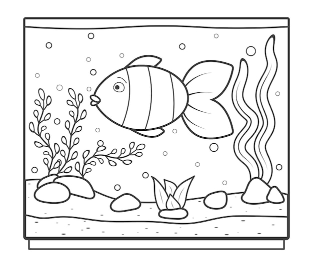 Premium vector rectangular aquarium with a fish for coloring coloring page for kids