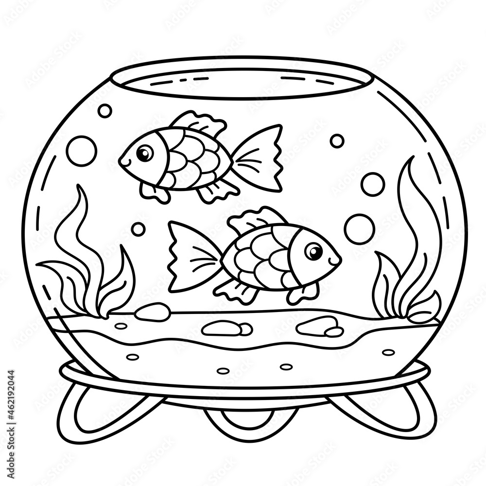 Coloring page outline of cartoon round aquarium with small fish pet coloring book for kids vector