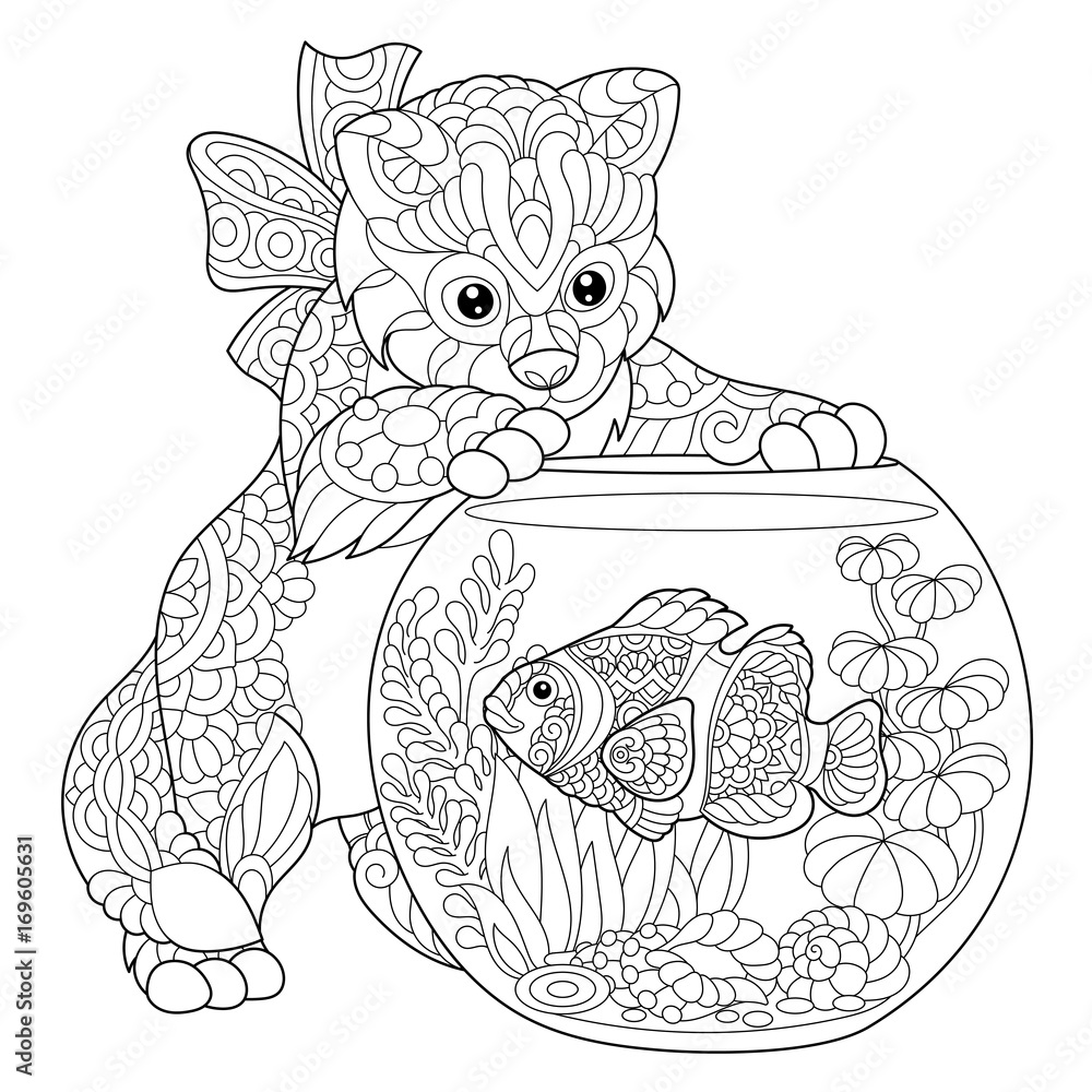 Coloring page of kitten playing with clown fish in aquarium freehand sketch drawing for adult antistress coloring book in zentangle style vector