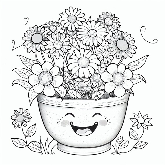 Smiling blooms flower pot coloring pages filled with joy and positivity print paint for instant download pdf download now