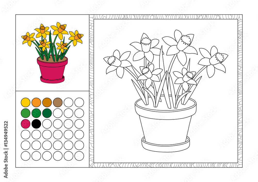 Adult coloring book page with colored template decorative frame and color swatch