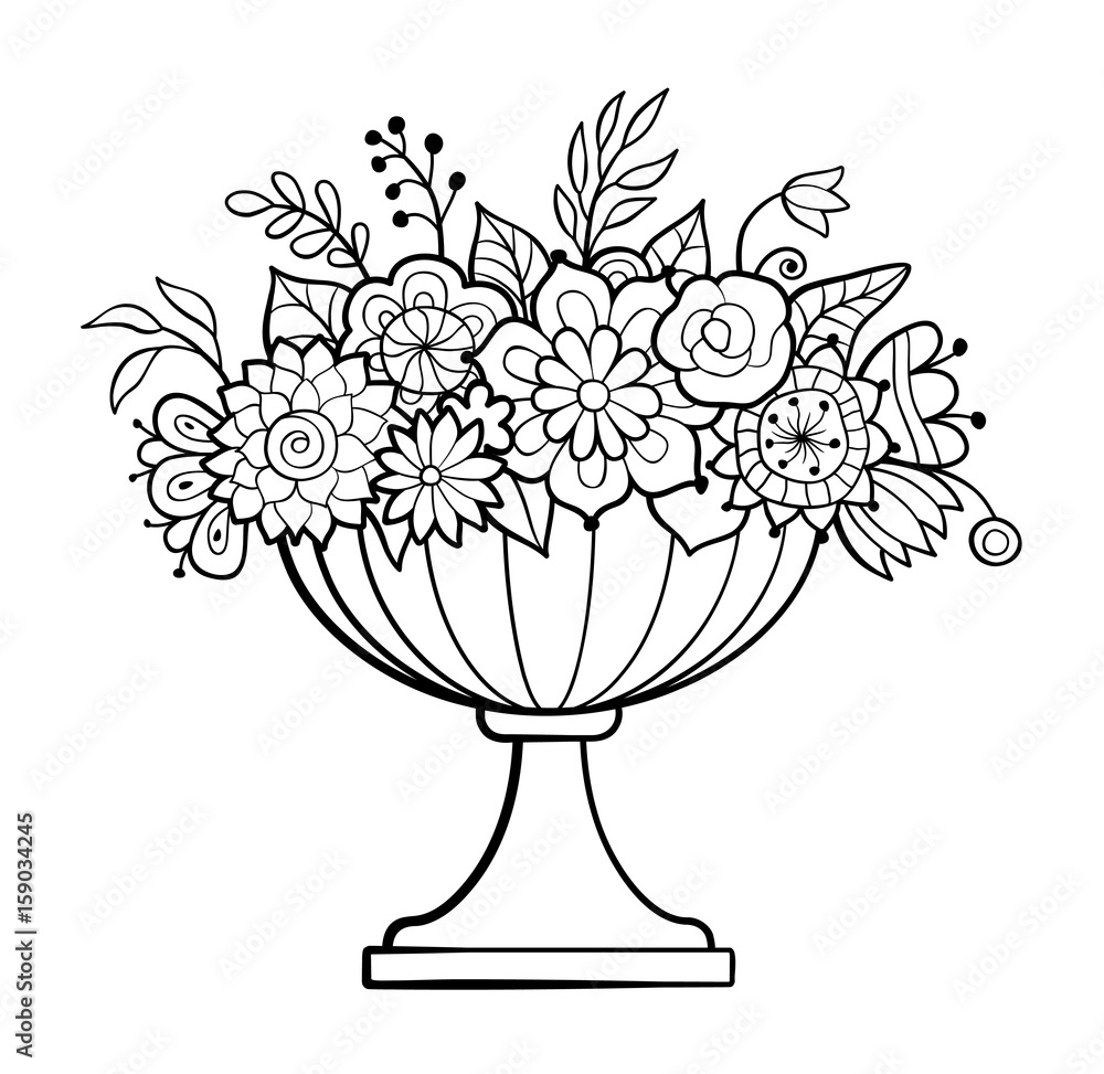 Vase with flowers big flower pot monochrome vector illustration antistress coloring page for adults vector