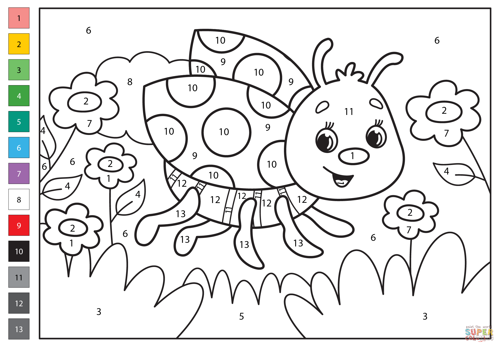 Ladybug color by number free printable coloring pages