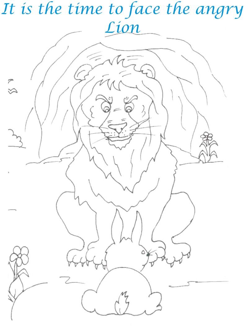 Rabbit facing angry lion coloring page for kids