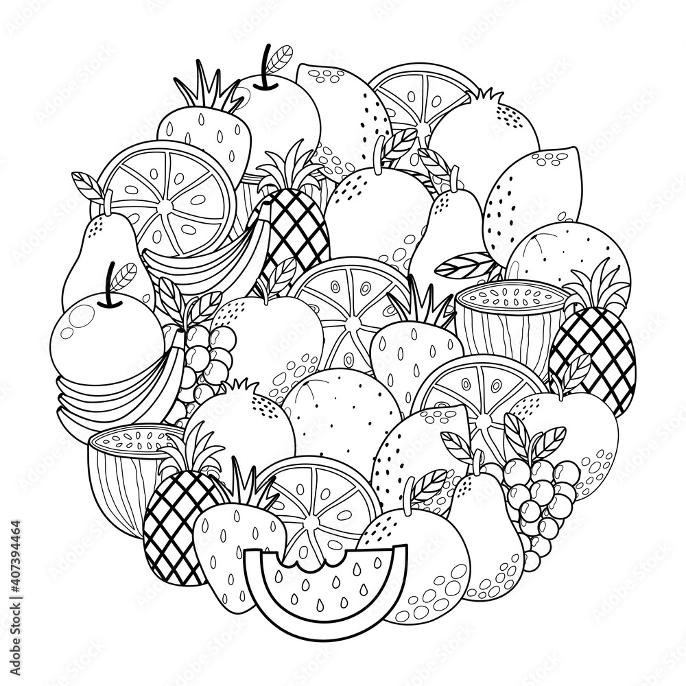 Circle shape coloring page with fruits black and white outline background with strawberry watermelon apple grape pineapple and more template for relax coloring book vector illustration vector