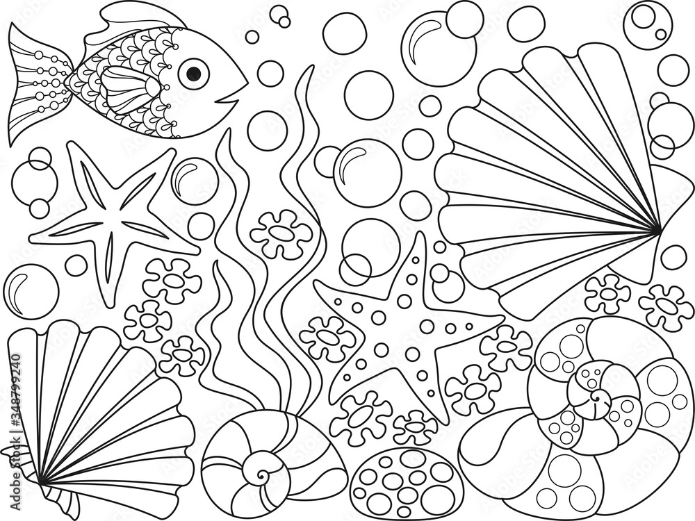 Coloring page with seashells starfish seaweed bubbles and fish black elements on a white background vector design template for kids coloring book entertainment and recreation for children vector