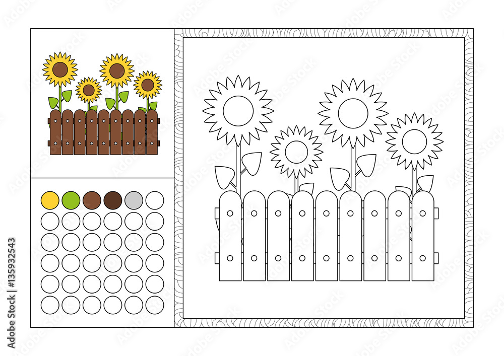 Adult coloring book page with colored template decorative frame and color swatch