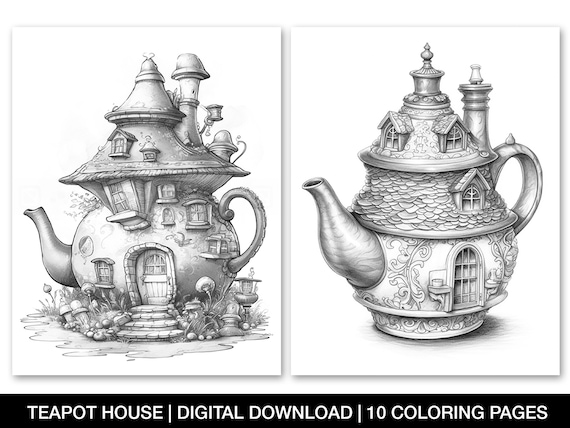 Enchanted fairy teapot house coloring pages for adults printable teapot house sheet grayscale coloring page fariy homes instant download download now