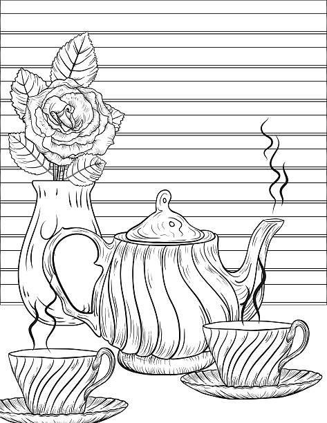 Flowers and tea adult coloring page stock illustrations royalty