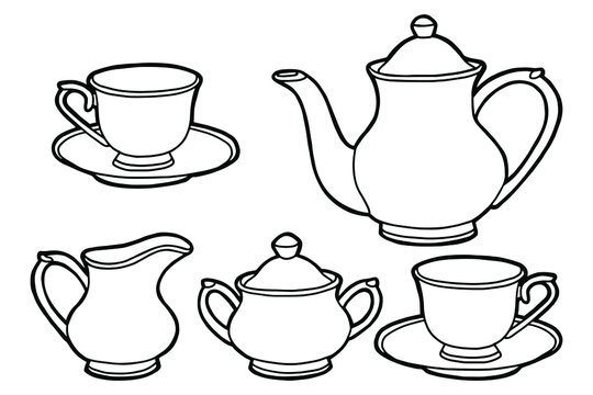 Hand drawing tea set teapot milk jug sugar bowl and cups and saucers black outline coloring page vector