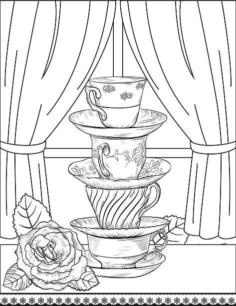 Flowers and tea adult coloring page stock illustrations royalty