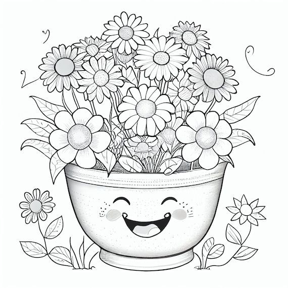 Smiling blooms flower pot coloring pages filled with joy and positivity print paint for instant download pdf download now