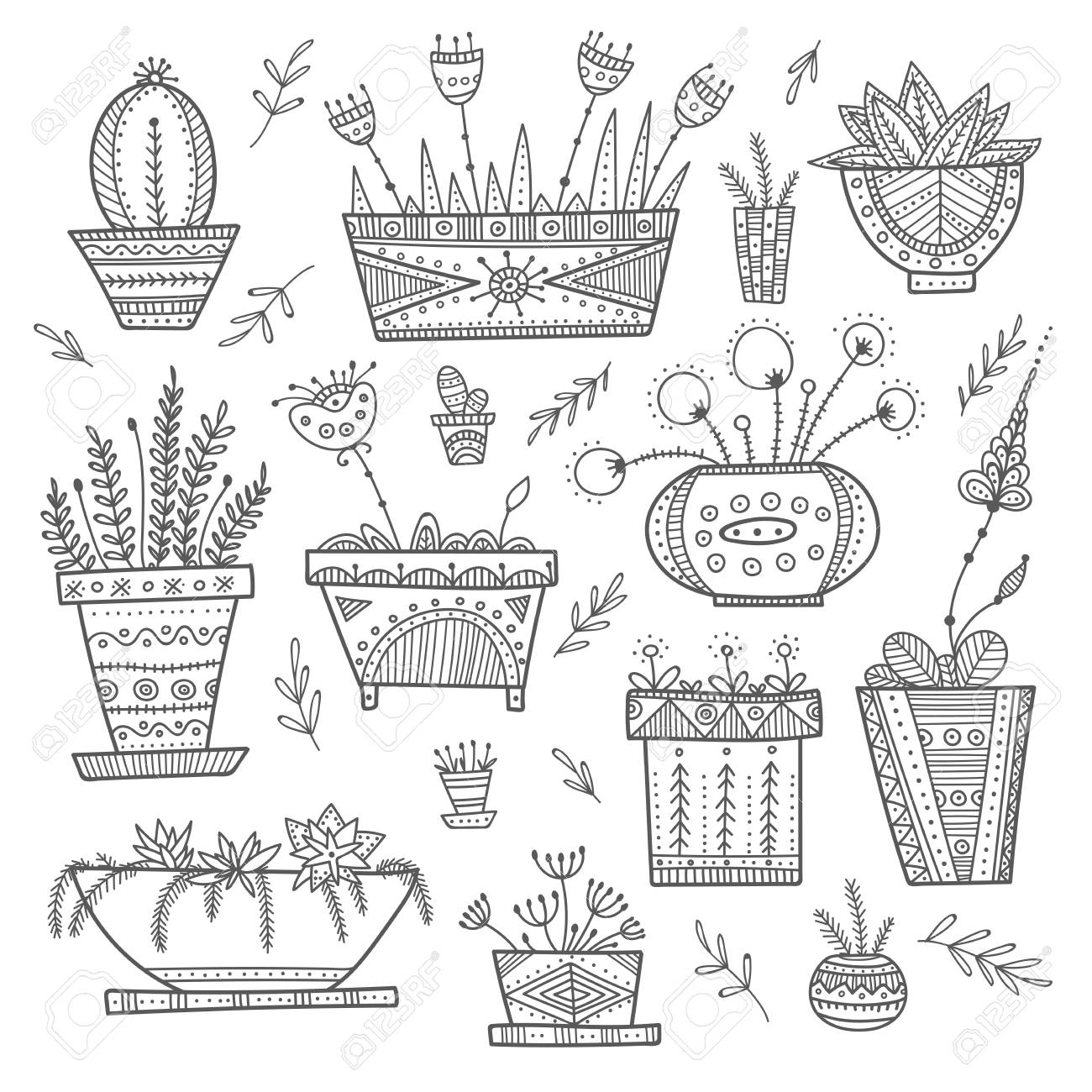 Flower pots and house plants set can be used as template coloring page card poster etc royalty free svg cliparts vectors and stock illustration image