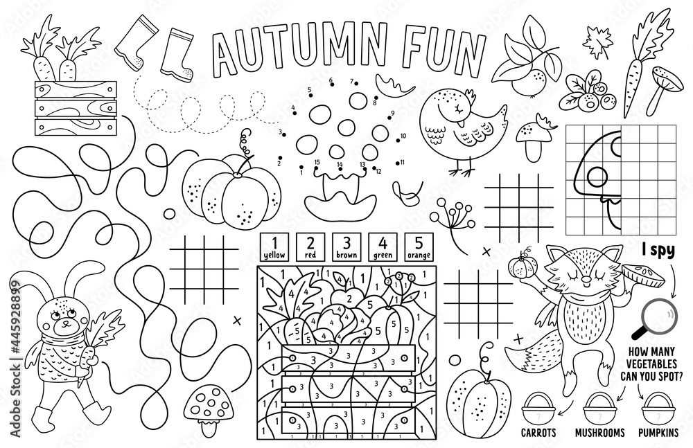 Vector autumn placemat for kids fall printable activity mat with maze tic tac toe charts connect the dots find difference crossword black and white play mat or coloring page vector