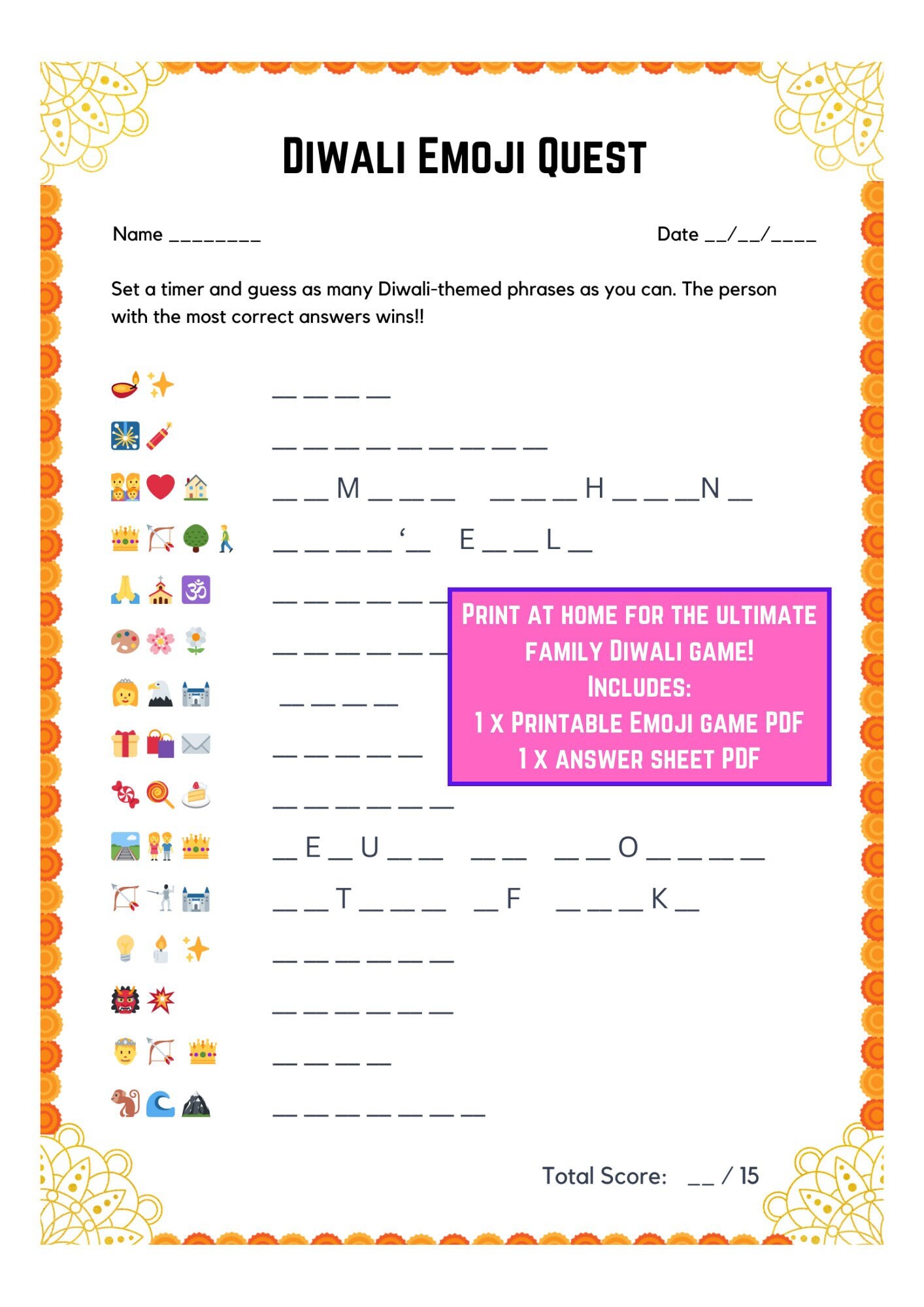 Diwali game printable emoji game download now