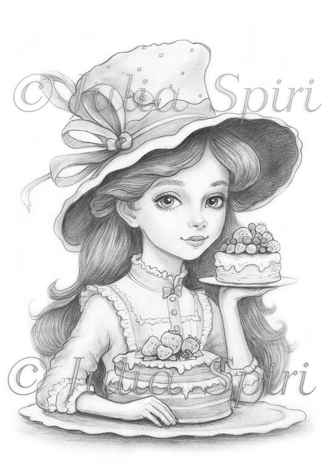 Grayscale coloring page whimsy girl with cakes sweet temptation â the art of julia spiri