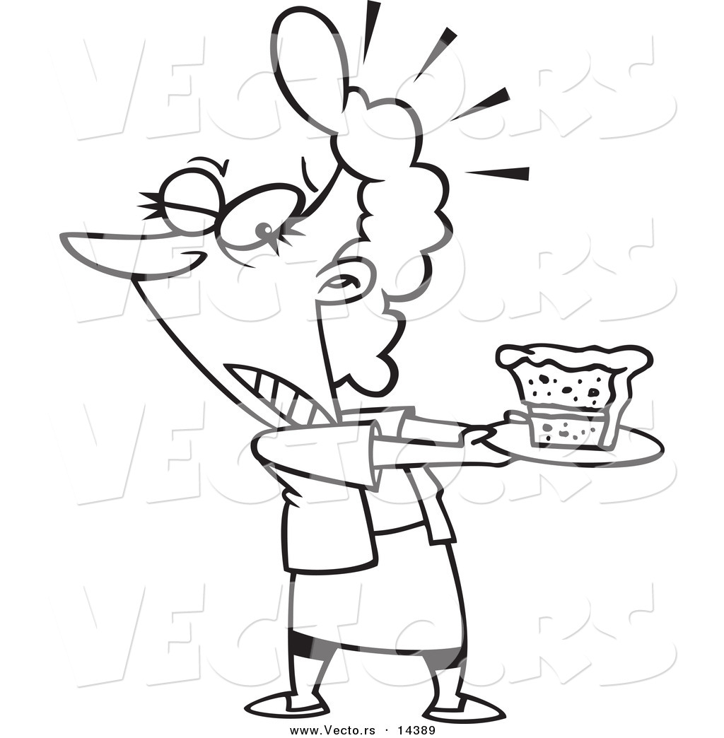 R of a cartoon tempted woman holding a slice of cake on a plate